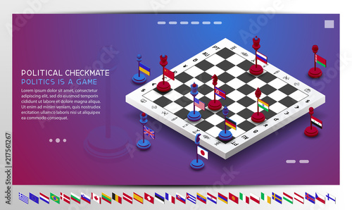 Policy. The policy is presented in the form of chess. The position of checkmate is shown. Chess with flags of different countries. The shapes are moved to create different combinations and positions (