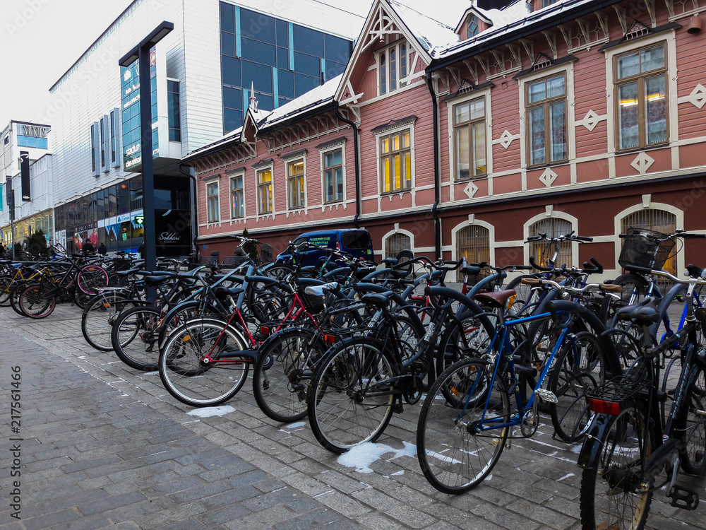 Bicycles parked along the street of Jyväskylä center in Finland