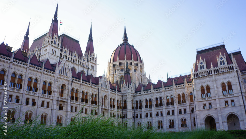 Hungarian Parliament Building and the grass in the foreground, Budpest