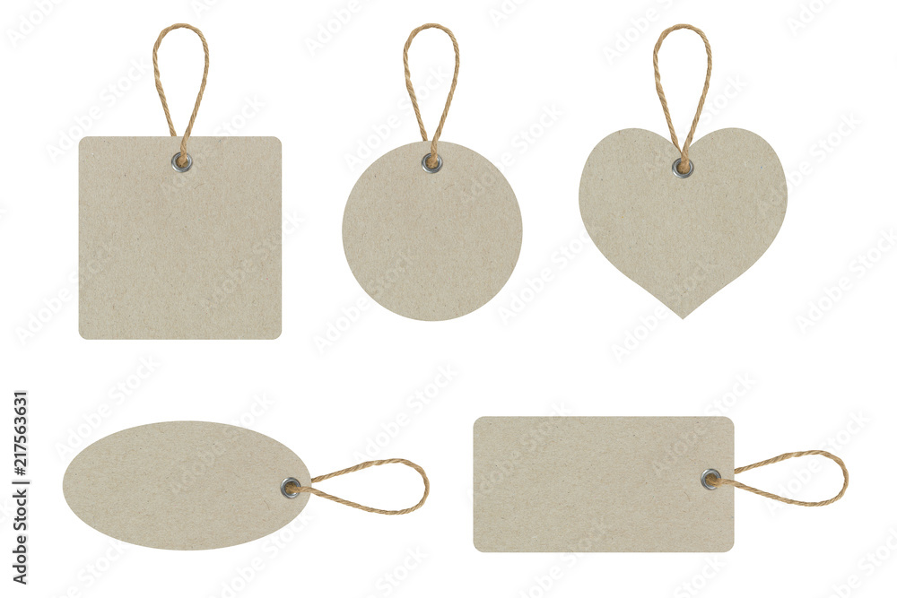 Set of blank tag tied for hang on product for show price or discount isolate on white background with clipping path