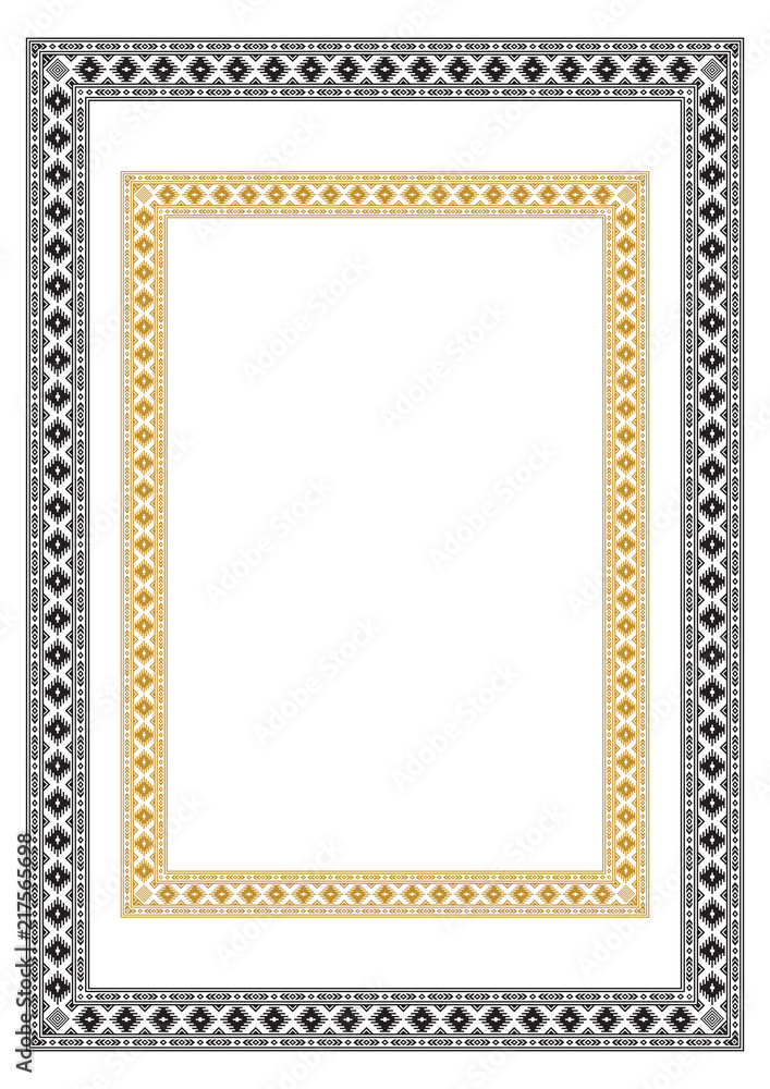 Rectangular ethnic geometric frames. Black and white, yellow colors. On A3, A4 pages.