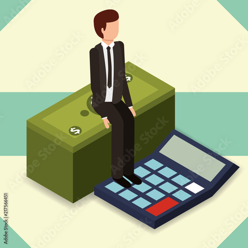 businessman sit on stack banknote and calculator money vector illustration isometric