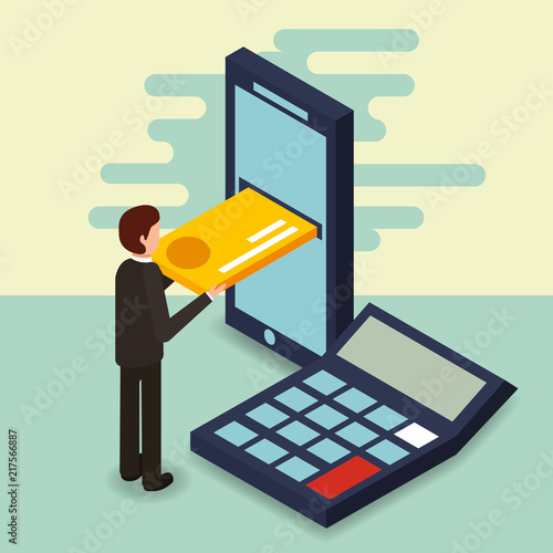 businessman smartphone credit card and calculator money vector illustration isometric photo