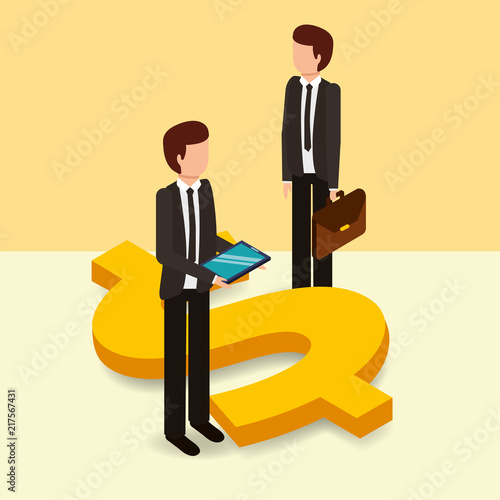 businessmen with briefcase and mobile dollar symbol money vector illustration isometric