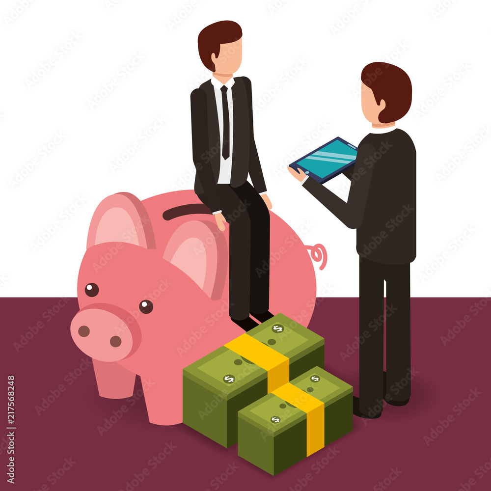 Obraz premium businessmen with tablet piggy bank and banknotes money vector illustration isometric