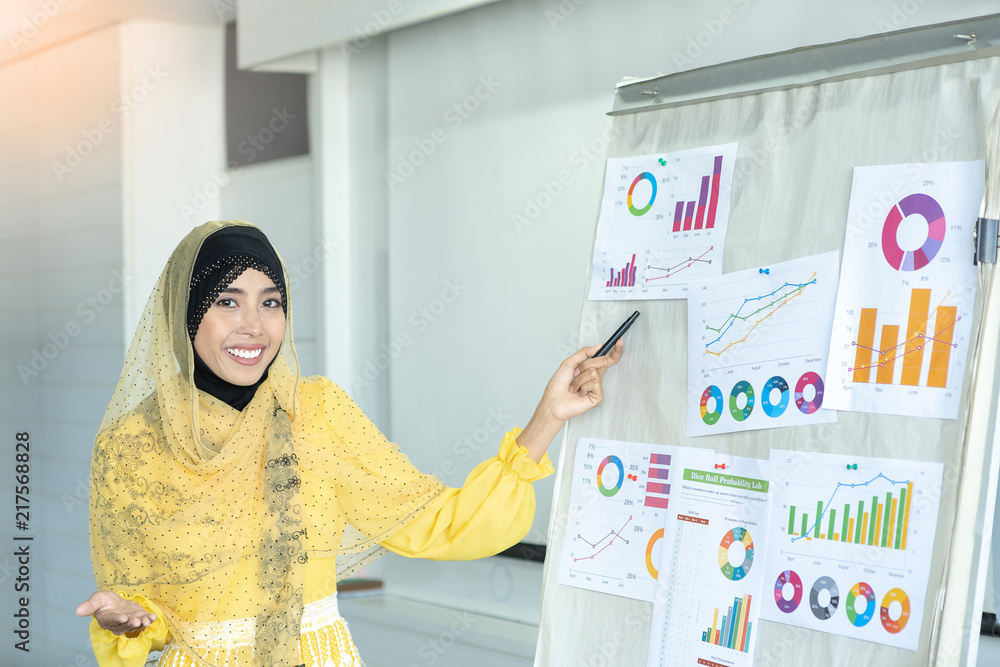 Muslim asian business woman wearing hijab working in office. Presenting business modeling in front of the meeting room. Muslim asian business woman wearing hijab working in office. Presenting business modeling in front of the meeting room.