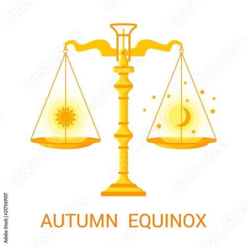 Vector flat illustration of the autumn (or fall) equinox. Design concept with scales of justice symbolizing equal duration of daytime and nighttime.