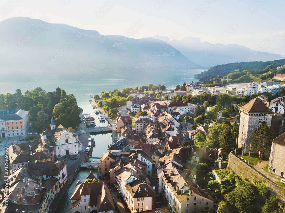 Annecy castle and old city aerial panoramic drone view, France Photos |  Adobe Stock