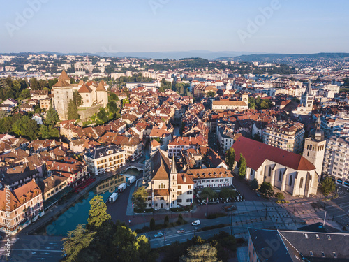 aerial panoramic view of Annecy city, France, historical architecture of old town center, beautiful cityscape