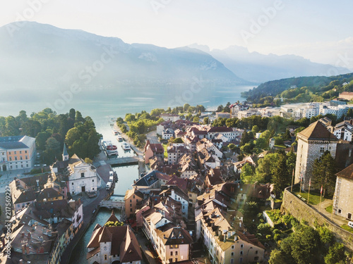 Photos Annecy castle and old city aerial panoramic drone view, France