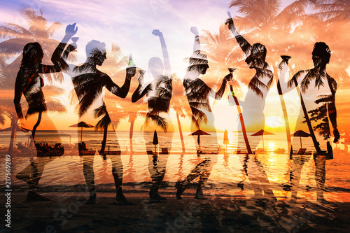 beach party double exposure, group of young people dancing, friends drinking beer and cocktails at sunset
