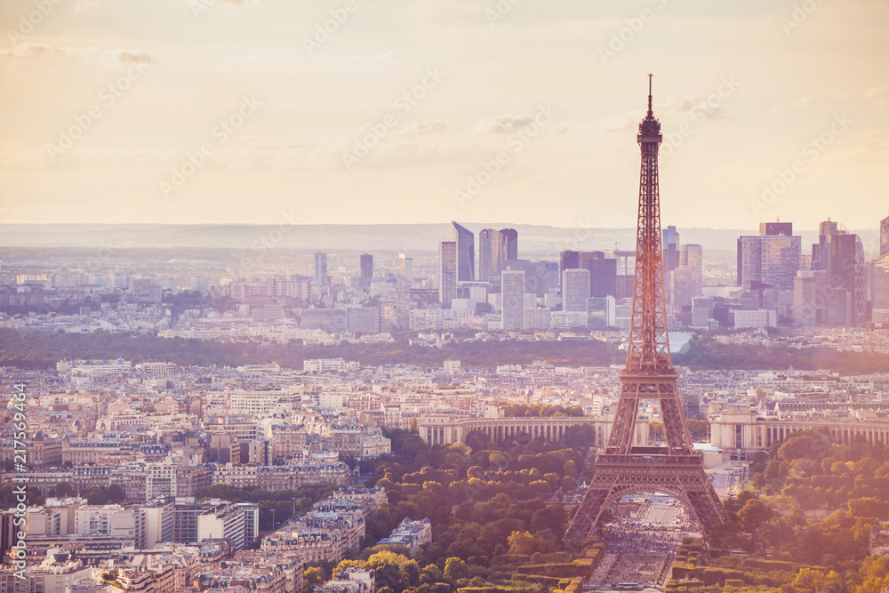 Paris Eiffel Tower beautiful panoramic view, travel to Europe, tourism in France, summer sunny cityscape