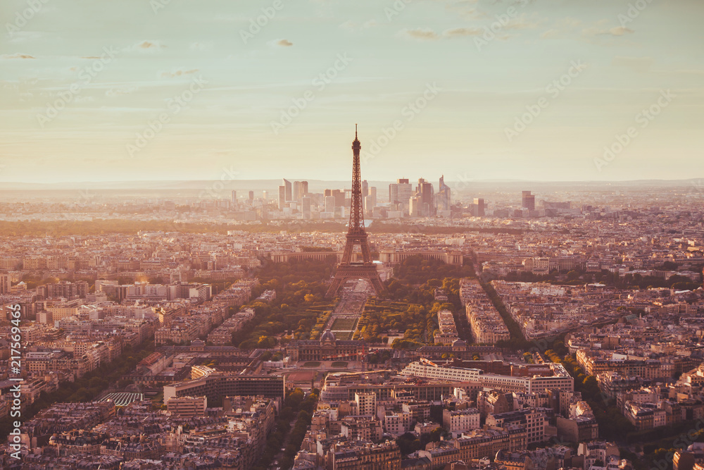 Paris aerial view with Eiffel Tower, famous landmark in Europe, romantic travel destination