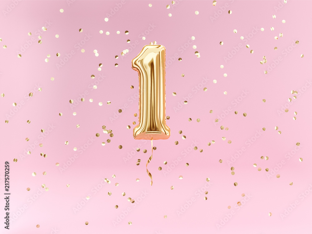 One year birthday. Number 1 flying foil balloon and confetti. One-year
