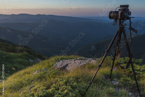 Beautiful sunset mountain view from the entrances on the path to the Kozya Stena hut. The Troyan Balkan is exceptionally picturesque and offers a combination of wonderful mountain scenery, fresh air.