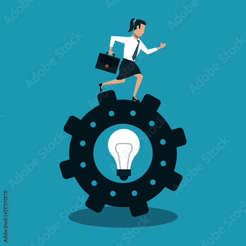 Businesswoman running on big idea inside gear vector illustration graphic design