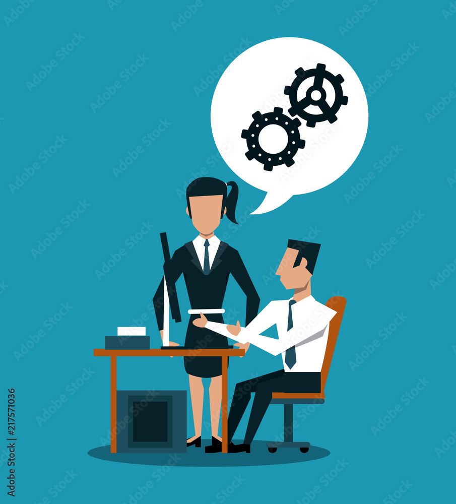 Fototapeta premium Business couple working with computer at desk vector illustration graphic design