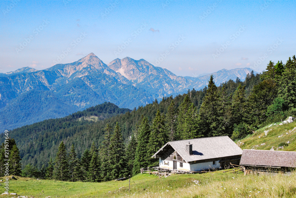 Kohler Alm mountain hut near Inzell, with Sonntagshorn at Chiemgau alps