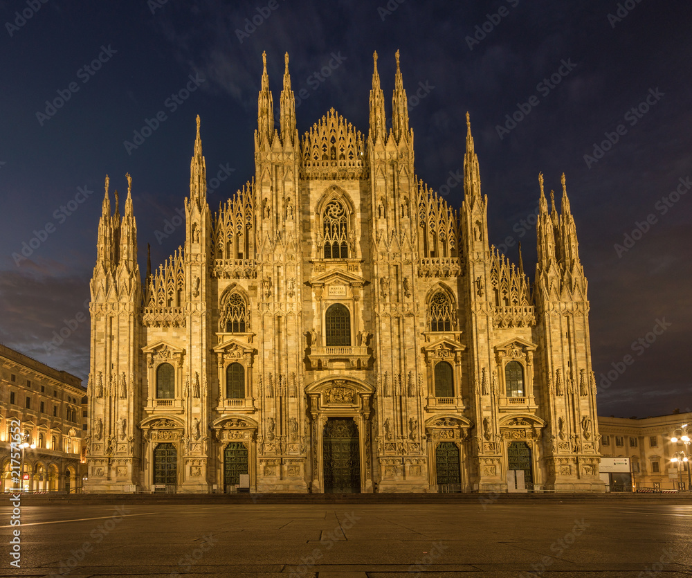 milano piazza duomo cathedral illuminated  at night no people front view 