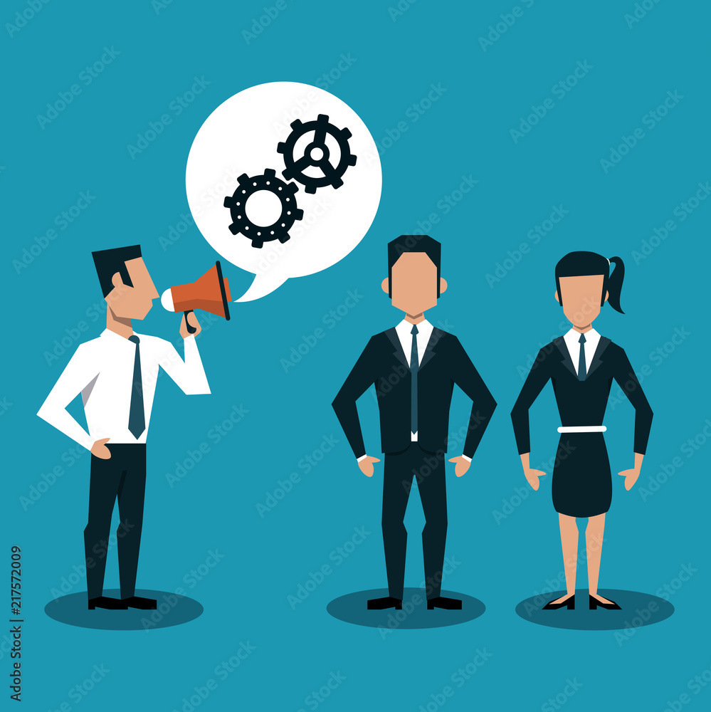 Businessman boss with bullhorn talking to business teamwork vector illustration graphic design Businessman boss with bullhorn talking to business teamwork vector illustration graphic design