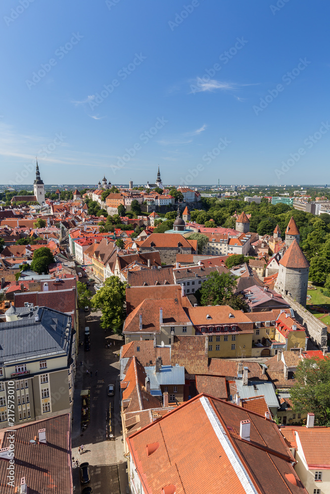 Churches, city walls, towers and other old buildings at the Old Town in Tallinn, Estonia, viewed from above on a sunny day in the summer.