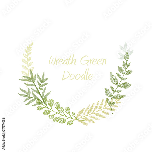 Green doodle hand drawn herb border , greeting, invitation or wedding card template. Greenery leaf frame. Spring floral wreath