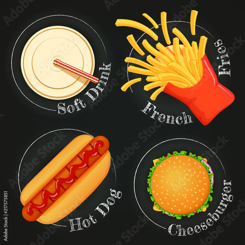 Set of fast food icons. Hot dog, cheeseburger, soft drink and french fries. Top view.