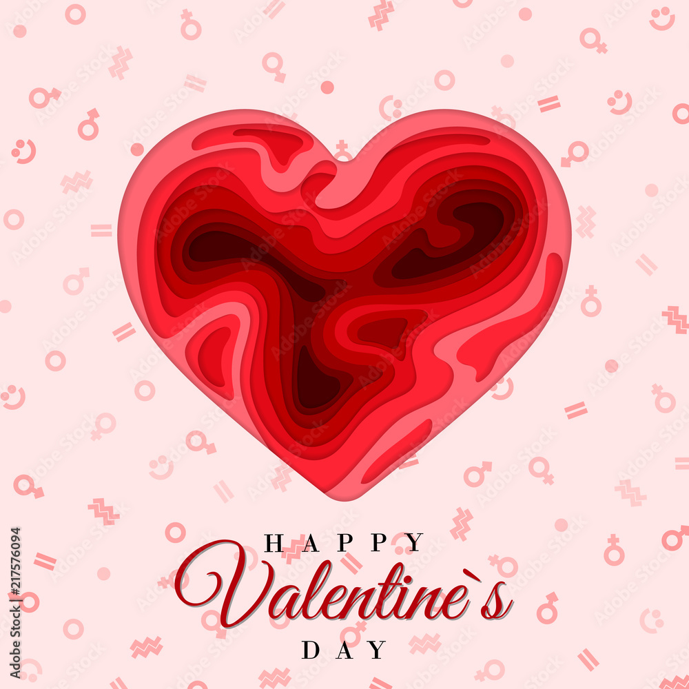 Happy Valentine`s Day. 3d paper cut heart concept design  greeting card. Paper carving heart shapes with shadow. February 14. Vector illustration