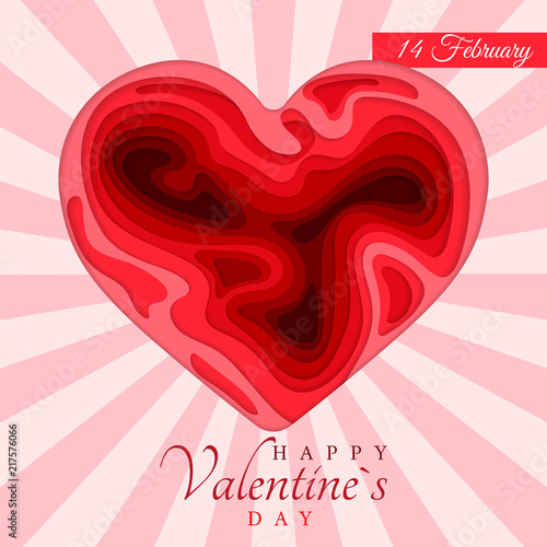 Happy Valentine s Day. 3d paper cut heart concept design  greeting card. Paper carving heart shapes with shadow. February 14. Vector illustration