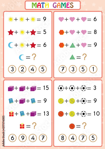 Mathematics educational game for kids, fun worksheets for children, Children are learning to solve problems.