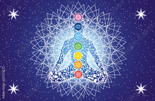 Фотография Silhouette of a yogi in a lotus asana on a white tracery mandala background