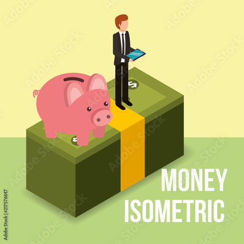businessman standing with piggy on pile banknote money isometric vector illustration