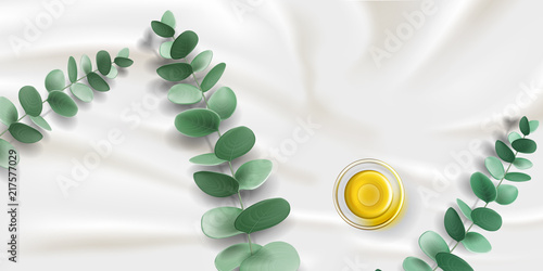 Eucalypti branch with leaves and glassware bowl with eucalyptus oil on satin fabric. Realistic plant stem or twig and liquid in cup or pan on curvy textile. Herbal and medical theme