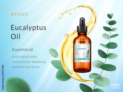 Eucalyptus essential oil ads. Cosmetic product. Liquid splash with branch and eucalyptus leaves isolated on blue sky background with sun rays. Vector 3d illustration.