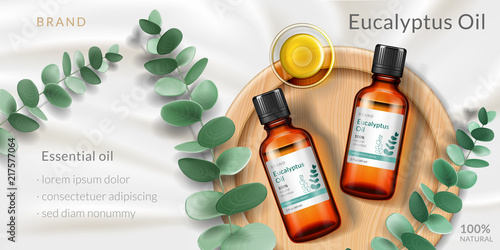 Banner for eucalyptus oil. Advertising with realistic 3d glassware bottle and plant branch, plate for antiseptic or soothing product, pharmaceutical extract of herb. Branding and ads, cosmetic theme