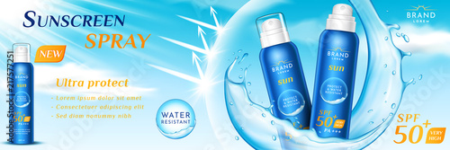 Advertising of sunscreen spray for skincare. Product packaging for sunblock realistic aerosol or 3d dispenser for suntan. Branding with water splatter. Ads and beach, pack and sunburn theme