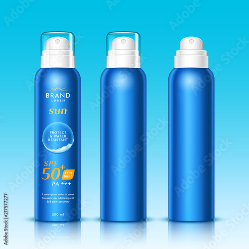 3d aerosol bottles for sunscreen or realistic spray for sunblock, dispenser for woman and man sunburn protection. Mousse container for skincare. Branding and packaging, advertising theme