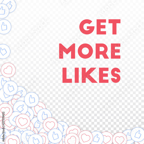 Social media icons. Get more likes concept. Falling scattered thumbs up hearts. Energetic abstract l