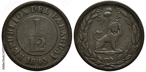 Paraguay Paraguayan coin 1/12 one twelfth of a real 1845, face value as fraction in central striped circle, date below, sitting lion flanked by springs, lance with liberty cap with rays on top,