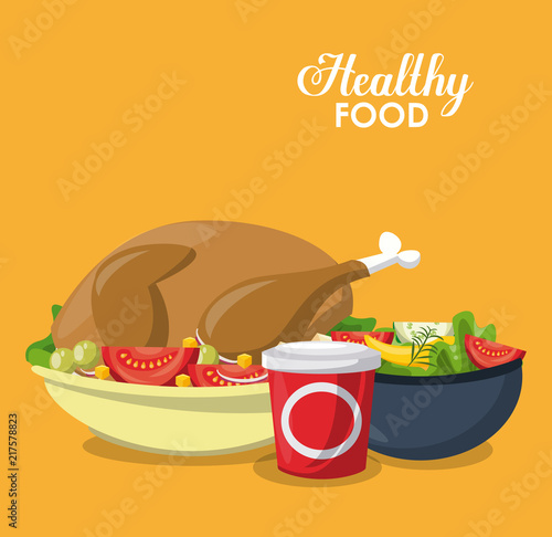Healthy food chicken and salad vegetables on dish cartoons vector illustration graphic design