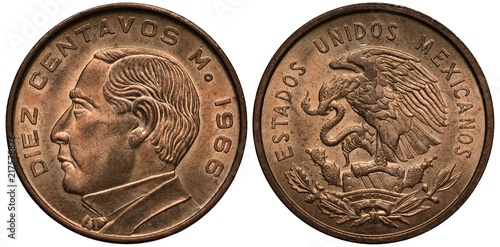 Mexico Mexican coin 10 ten centavos 1966, bust of Benito Juarez left, eagle on cactus catching snake,  photo