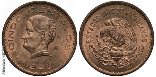 Mexico Mexican coin 5 five centavos 1945, bust of Josefa Dominguez left, eagle on cactus catching snake,  photo
