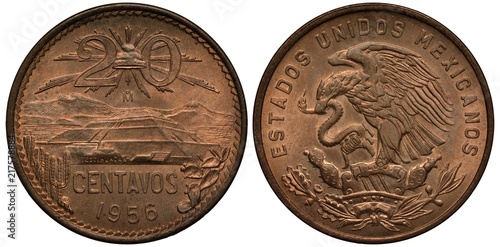 Mexico Mexican coin 20 twenty centavos 1956, Liberty cap with rays divides value, Pyramid of the Sun in Teotihuacan, cactuses at sides, Ixtaccihuatl and Popocatepetl volcanoes in background, eagle on  photo