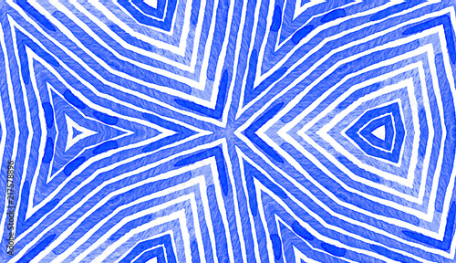 Blue Geometric Watercolor. Cute Seamless Pattern. Hand Drawn Stripes. Brush Texture. Fantastic Chevr