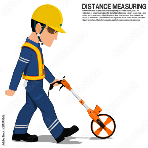 A worker is walking with the measuring wheel on transparent background