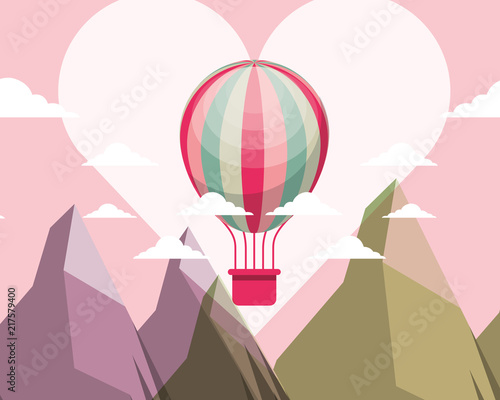 heart hot air balloon clouds colors rocks vector illustration