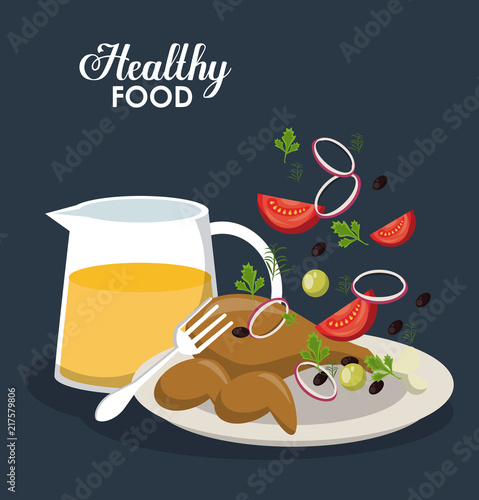 Healthy food on dish with juice glass jar cartoons vector illustration graphic design