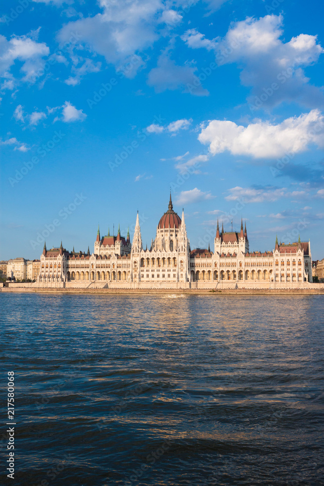 View of the beautiful  building of hungarian parliament on the bank of Danube river, Budapest, Hungary