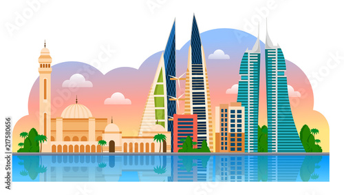 Travel to Bahrain. Manama. Landscape template of flyer, magazines, posters, book cover, banners and guide book. Vector modern flat illustration.