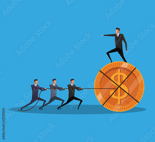 Businessmens pulling coin with rope vector illustration graphic design